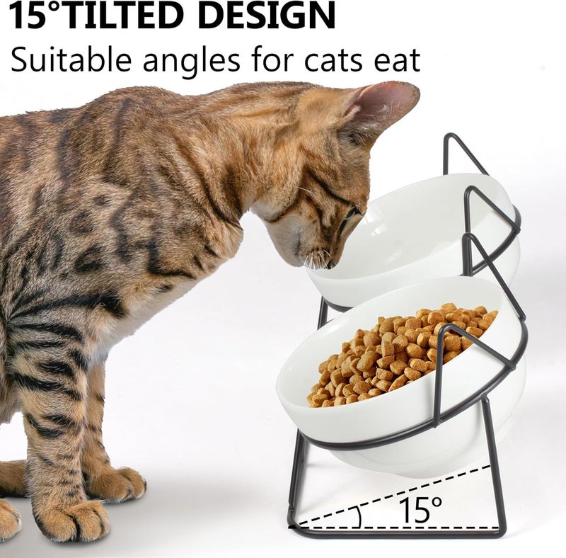 MCSAPIL Elevated Tilted Cat Bowls for Indoor Cats，Raised Ceramic Cat Bowl Elevated 15°,Pet Feeding Bowls for Food and Water Anti Vomiting Bowl(Double Ceramics and Tilt Shelf) Suitable - Image 3